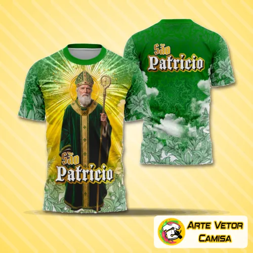 Visual da camisa com logo no peito e estampa grande nas costas inspirada em São Patrício, combinando elementos tradicionais e religiosos que remetem à fé e à cultura irlandesa de forma elegante e marcante.