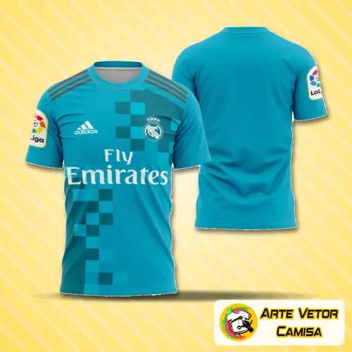 Camisa do Real Madrid 2017-2018 com logo no peito bem visível e uma estampa grande nas costas que chama a atenção pelo design marcante e cores vibrantes.