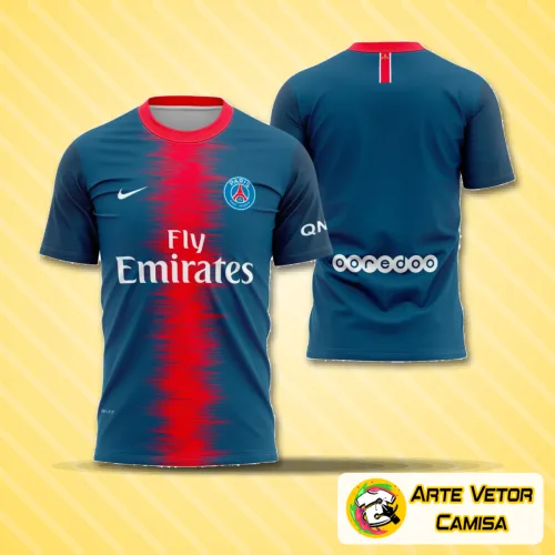 Camisa com logo no peito e estampa grande nas costas mostrando locais icônicos do PSG na temporada 2018-2019, com design marcante e detalhes vibrantes que evidenciam a paixão pelo clube.