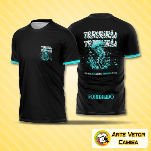Camisa com logo no peito e estampa grande nas costas, apresentando design moderno inspirado na Água Viva com combinação vibrante de cores que valorizam o estilo do Terceirão.