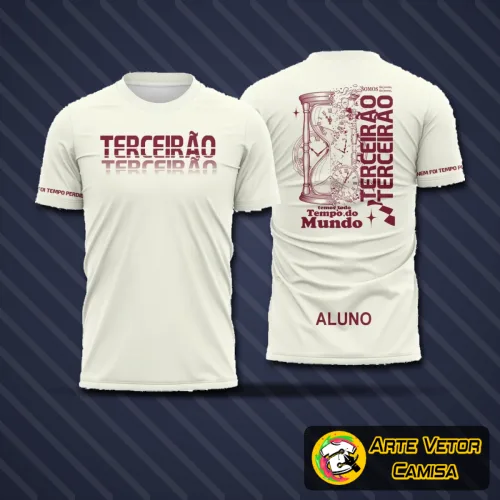Foto da camisa com logo no peito e estampa grande nas costas, destacando design exclusivo para o Terceirão com tema Tempo Perdido, cores vibrantes e estilo moderno que captura a essência da turma finalista.