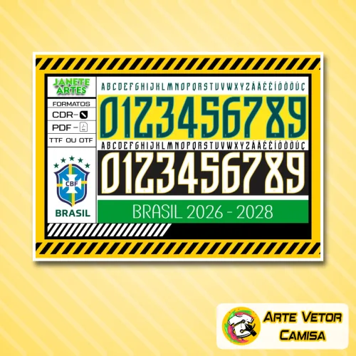 Camisa verde-amarela com o logo no peito e estampa grande nas costas destacando detalhes da Seleção Brasileira para a Copa 2026, perfeita para mostrar orgulho no futebol.