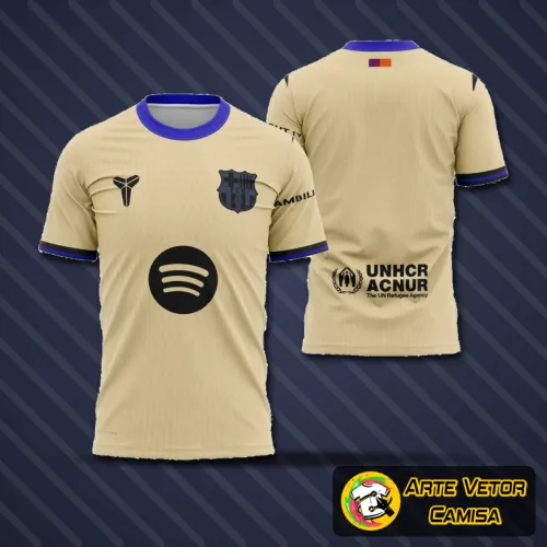 Camisa com logo no peito, estampa grande nas costas, design vibrante inspirado na visita a Barcelona entre 2025 e 2026 com cores marcantes e detalhamento moderno e estilizado.