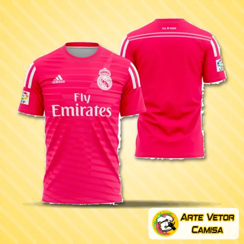 Foto da camisa com o logo no peito em destaque e uma estampa grande nas costas, mostrando o design clássico da visita do Real Madrid na temporada 2014-15, com detalhes únicos e acabamento impecável.