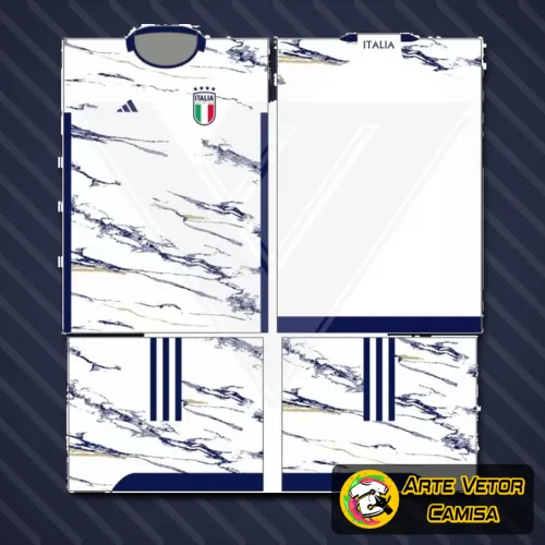 Camisa com logo no peito e estampa grande nas costas exibindo design inspirado na seleção italiana, com cores vibrantes e detalhes únicos que destacam a paixão pelo futebol.
