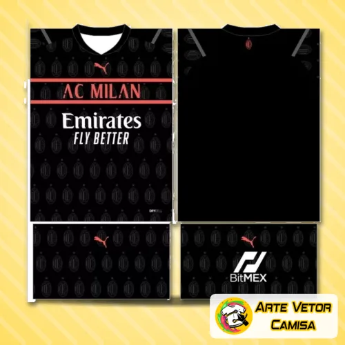 Camisa com logo no peito do AC Milan, design moderno, e estampa grande nas costas destacando elementos do clube, perfeita para quem aprecia futebol e estilo único em seus looks.