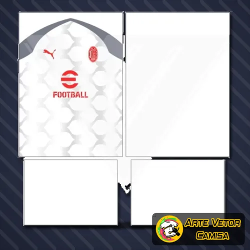 Camisa AC Milan exibida com logo no peito e uma estampa grande nas costas, destacando design moderno e cores vibrantes com detalhes em vermelho e preto.