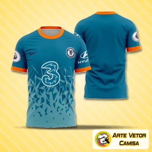 Camisa com logo no peito e estampa grande nas costas inspirada no Chelsea 2022, trazendo design moderno e estilo único para quem aprecia futebol e moda apaixonadamente.