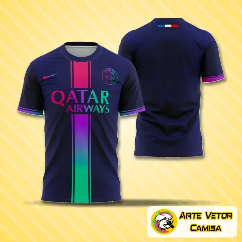 Camisa com logo no peito e estampa grande nas costas, apresenta design moderno com detalhes vibrantes inspirados no PSG 2024, ideal para quem valoriza estilo único e originalidade em cada detalhe.