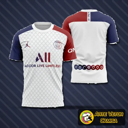 Camisa estilizada com logo no peito em destaque e estampa grande nas costas, apresentando design moderno e vibrante inspirado no time Psg 2022, ideal para quem curte visual autêntico e cheio de personalidade.