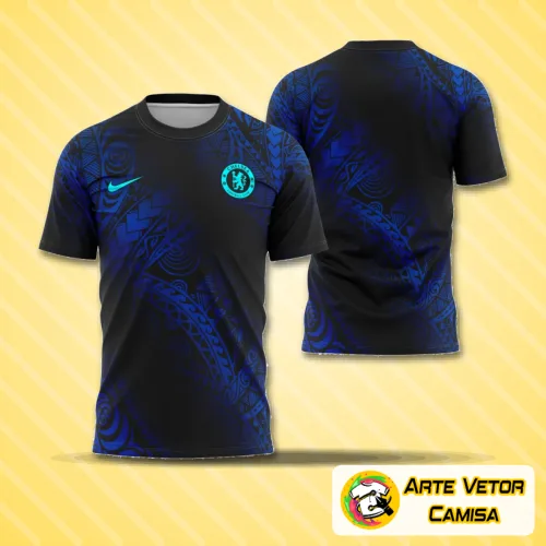 Camisa final com logo no peito e estampa grande nas costas apresentando design moderno e vibrante que destaca a identidade do Chelsea para 2024, trazendo estilo e personalidade marcante.