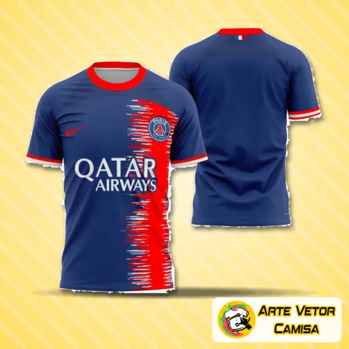 Camisa moderna com logo no peito e estampa grande nas costas destacando design estilizado inspirado no PSG 2023, ideal para quem busca visual impactante e diferenciado.