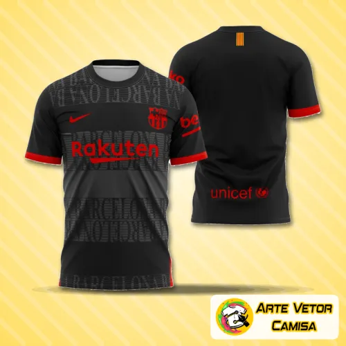 Camisa com logo no peito e estampa grande nas costas, inspirada no design de Barcelona 2021, destacando estilo moderno com cores vibrantes e detalhes sofisticados que chamam atenção em qualquer ocasião.