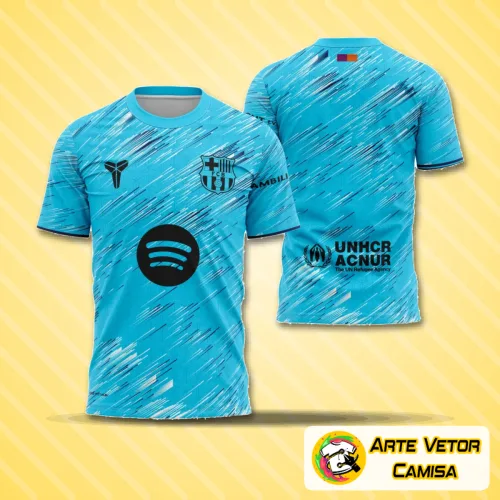 Camisa com logo no peito e estampa grande nas costas, trazendo design inovador inspirado em Barcelona 2025, unindo estilo moderno e elementos criativos para destaque visual marcante.