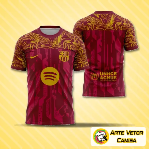 Camisa com logo no peito e estampa grande nas costas, destacando design moderno e inspirado em Barcelona 2026, perfeita para quem deseja estilo único e sofisticado em qualquer ocasião.