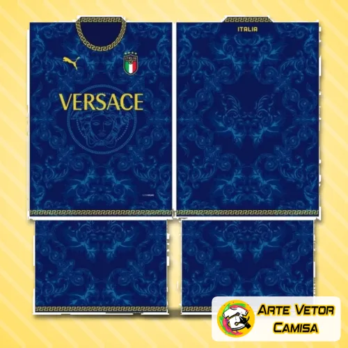 Camisa final com logo no peito e estampa grande nas costas, destacando um design moderno que representa a seleção italiana de forma criativa e única para 2024.
