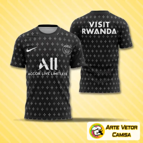 Imagem de camisa esportiva com logo no peito e estampa grande nas costas, estilo moderno e vibrante que destaca a paixão pelo PSG em um visual arrojado e cheio de personalidade.