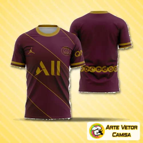 Foto de uma camisa com logo no peito e estampa grande nas costas, exibindo design moderno do PSG 2021 com cores vibrantes e detalhes sofisticados.