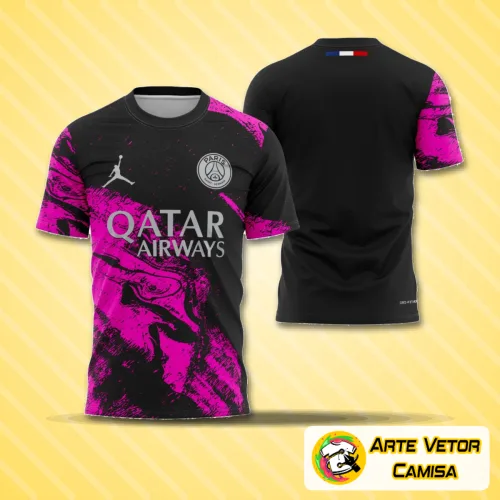 Foto da camisa com logo no peito e estampa grande nas costas, exibindo design moderno e inovador inspirado no PSG 2026