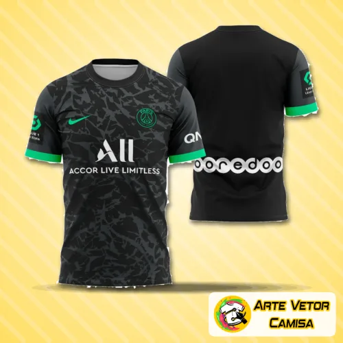Camisa com logo no peito e estampa grande nas costas, destacando um design moderno e exclusivo que combina estilo e personalidade para os fãs do PSG, perfeita para eventos e uso casual.