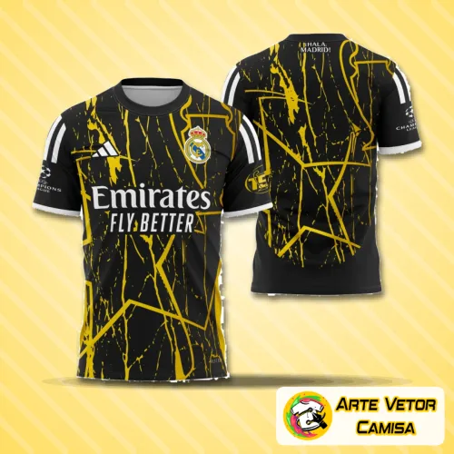 Camisa branca com logo no peito em destaque e estampa grande nas costas em estilo moderno e elegante, inspirada no design do Real Madrid 2024, com detalhes sofisticados e acabamento impecável.