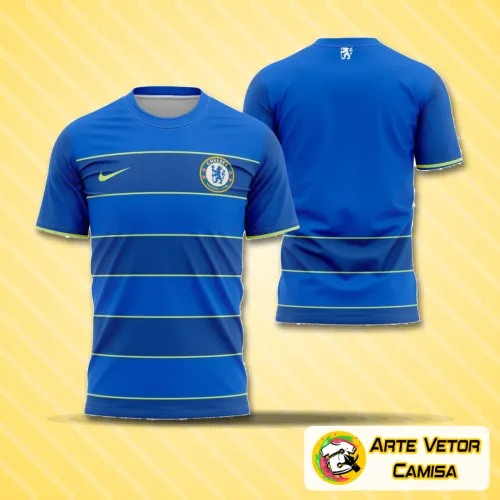Camisa com logo no peito em destaque e estampa grande nas costas, evidenciando um design moderno e arrojado, ideal para fãs do Chelsea e amantes de estilo diferenciado na moda esportiva.