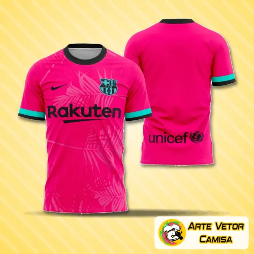 Foto da camisa com logo no peito e estampa grande nas costas, apresentando design moderno e cores vibrantes que remetem ao estilo Barcelona 2021, perfeita para quem busca autenticidade e personalidade única.