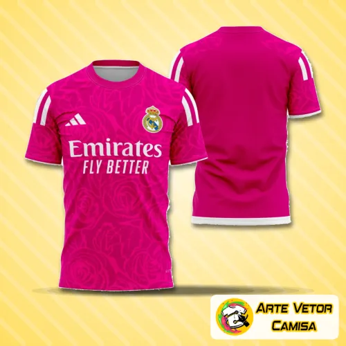Imagem da camisa com logo no peito e estampa grande nas costas, mostrando um design moderno e elegante inspirado no Real Madrid 2023.