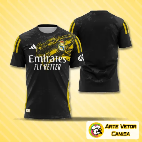 Camisa final do Real Madrid 2024 com logo no peito e estampa grande nas costas, mostrando design moderno e detalhes exclusivos em cores marcantes para os fãs do clube espanhol.