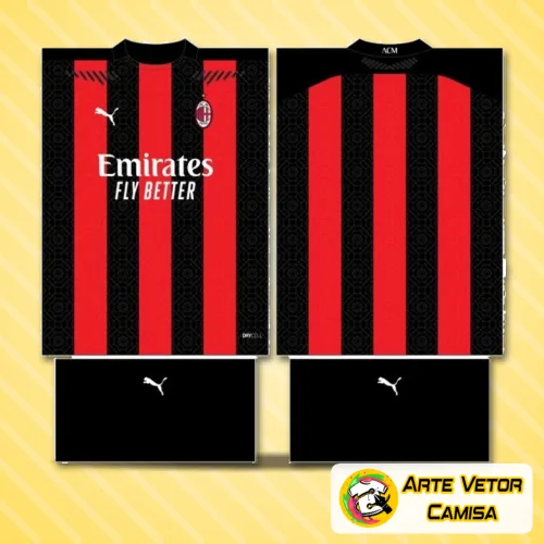 Imagem da camisa do AC Milan com logo no peito e estampa grande nas costas em design moderno e vibrante, ideal para fãs do clube que valorizam identidade forte e estilo marcante.