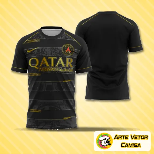 Camisa esportiva estilizada com logo no peito e estampa grande nas costas, apresentando design inspirado no Paris Saint Germain 2021 com cores vibrantes e acabamento moderno.