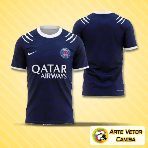 Camisa com logo no peito e estampa grande nas costas apresentando design moderno inspirado no PSG 2025, cores vibrantes e detalhes gráficos que destacam estilo urbano e esportivo.