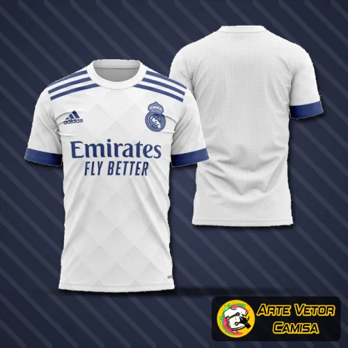 Camisa com logo no peito do Real Madrid e estampa grande nas costas, exibindo design moderno e sofisticado inspirado na temporada 2021 com detalhes que destacam a paixão pelo futebol espanhol