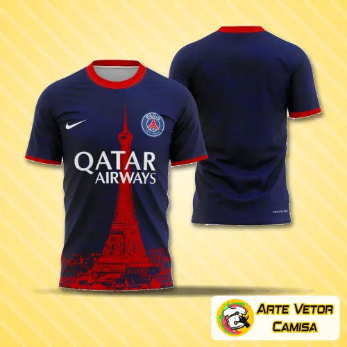 Foto da camisa com logo no peito e estampa grande nas costas, apresentando design futurista e moderno em cores vibrantes, ideal para fãs do estilo PSG 2025.