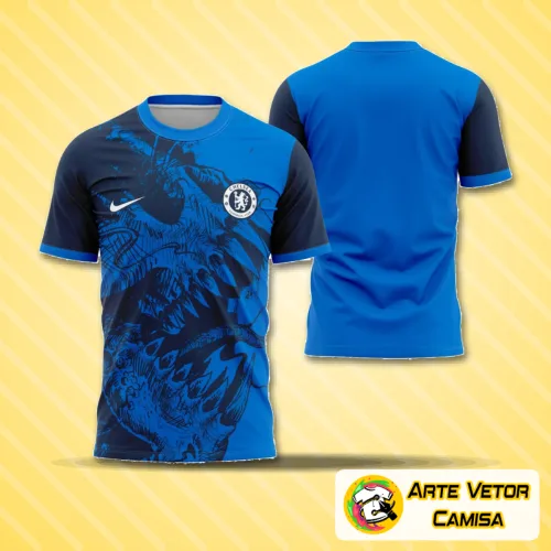 Camisa do Chelsea com logo no peito e estampa grande nas costas, com design exclusivo de Halloween 2023, em cores escuras e detalhes que remetem ao tema assustador.
