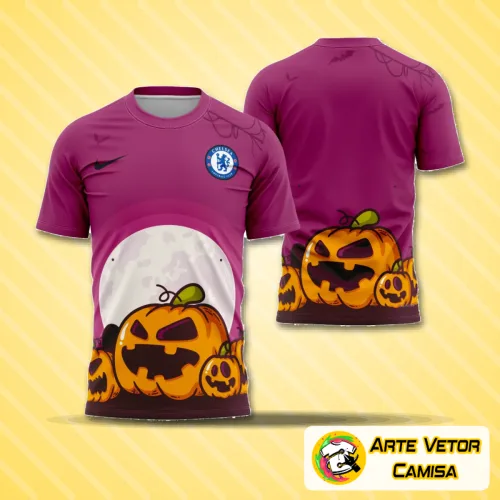 Camisa com logo no peito do Chelsea, destaque para estampa grande nas costas com tema de Halloween 2025 apresentando elementos assustadores e cores vibrantes que remetem à festa do dia das bruxas.