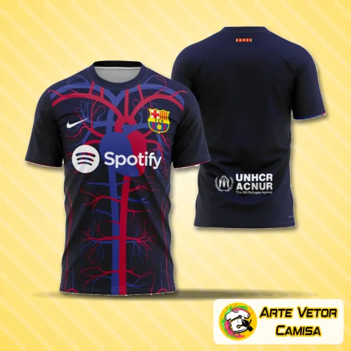 Imagem mostrando a camisa finalizada com logo no peito destacado e uma estampa grande nas costas que ressalta detalhes inspirados em Barcelona 2024, com cores vibrantes e design moderno.