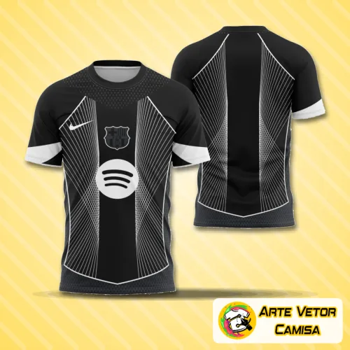 Foto de uma camisa com logo no peito e estampa grande nas costas, mostrando detalhes vibrantes da arte conceitual Barcelona 2026 com design moderno e acabamento impecável.