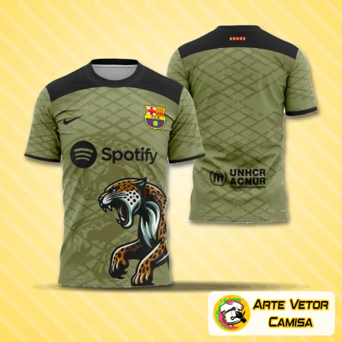 Camisa estilizada com logo no peito e estampa grande nas costas, inspirada no estilo único de Barcelona 2024, com design moderno e cores vibrantes destacando detalhes inovadores.