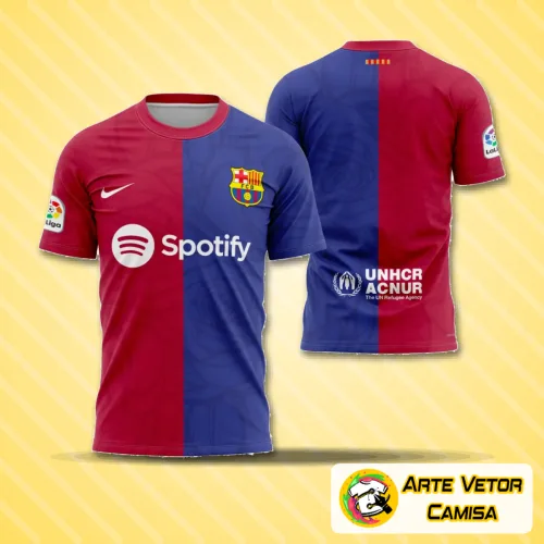 Camisa com logo no peito e estampa grande nas costas exibindo design moderno e elegante inspirado em Barcelona 2024, com cores vibrantes e detalhes marcantes que destacam o visual final da peça.