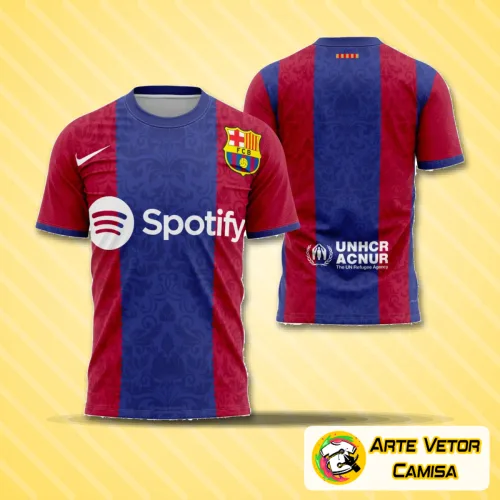 Camisa com logo no peito, design moderno em azul e vermelho, e estampa grande nas costas inspirada na cultura vibrante de Barcelona, destacando elementos artísticos e urbanos.