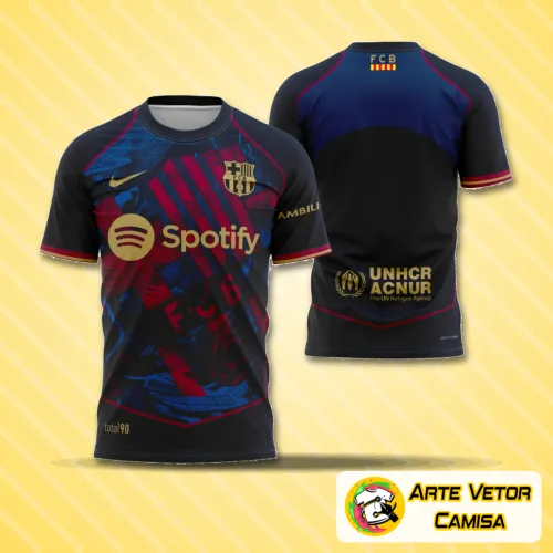 Camisa com logo no peito e estampa grande nas costas mostrando design moderno inspirado em Barcelona 2025, combinando cores vibrantes e detalhes únicos para um visual urbano e contemporâneo.