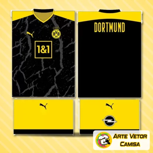 Camisa Borussia Dortmund com logo no peito e estampa grande nas costas, destacando o design moderno e esportivo, ideal para apreciadores do futebol que buscam estilo vibrante e autêntico.