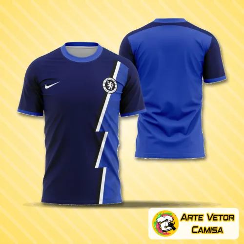 Camisa com logo no peito destacando a identidade Chelsea e estampa grande nas costas mostrando arte conceitual moderna inspirada no clube para 2023.