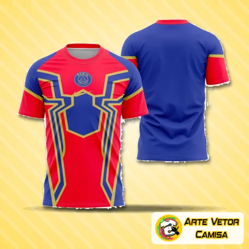Camisa com logo no peito do Homem-Aranha estilizado pelo PSG e estampa grande nas costas, apresentando um design moderno e vibrante que combina cores e detalhes urbanos.