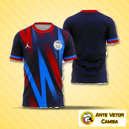 Camisa com logo no peito e estampa grande nas costas, combinando traços do PSG com elementos da Jordânia em um design único e moderno, com cores vibrantes e visual arrojado.