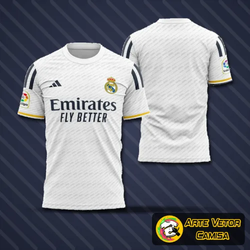 Camisa do Real Madrid com logo no peito em destaque e estampa grande nas costas, apresentando design moderno e vibrante nas cores tradicionais do clube, perfeita para fãs que valorizam estilo e identidade esportiva.