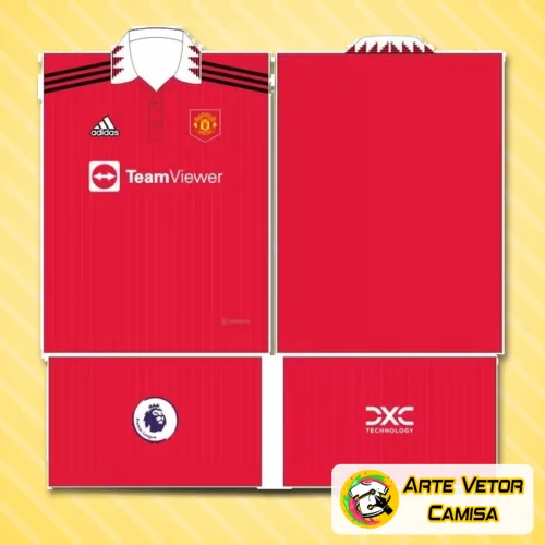 Camisa estilizada do Manchester United com logo no peito e estampa grande nas costas, exibindo cores vibrantes e design moderno inspirado em tendências esportivas para 2024.