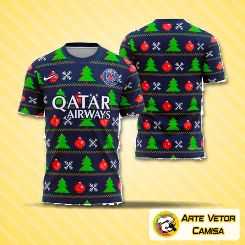 Camisa temática do PSG com logo no peito e estampa grande nas costas, exibindo um design natalino único e moderno, perfeita para os fãs durante as festas de fim de ano.