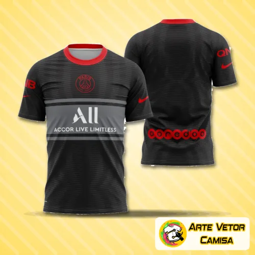 Camisa com logo no peito e estampa grande nas costas, apresentando design moderno e estilizado inspirado no clube PSG 2021 para fãs que buscam autenticidade e destaque nas combinações do dia a dia.